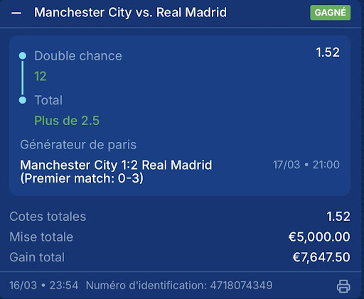 Gain Manchester City vs Real Madrid